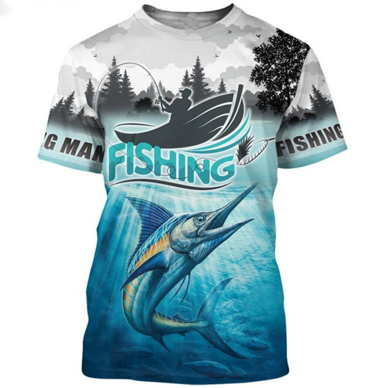 Male Creative Fishing Pattern Printed Short Sleeve
