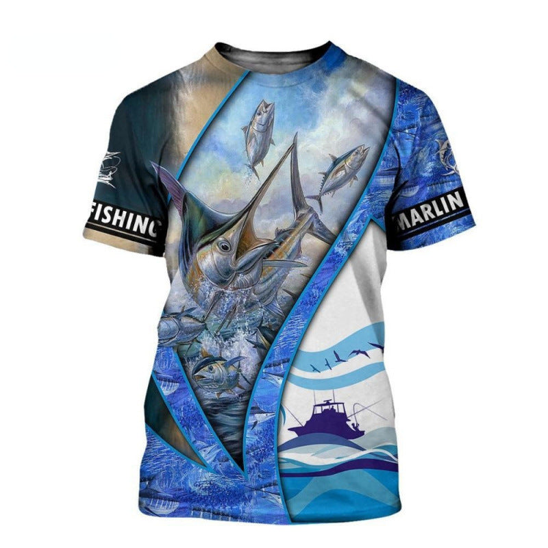 Male Creative Fishing Pattern Printed Short Sleeve