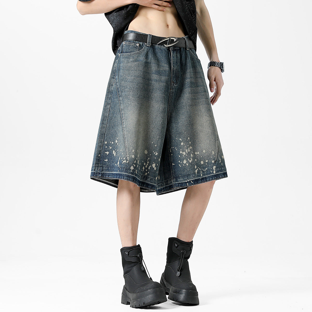 Retro Washed Ripped Splash Ink Five Points Denim Men's Shorts