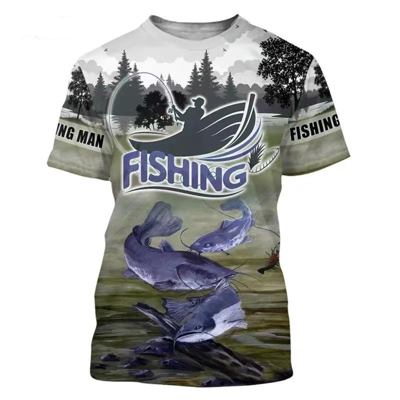 Male Creative Fishing Pattern Printed Short Sleeve