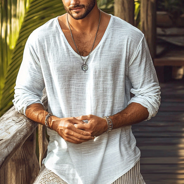 V-neck Breathable Thin Long-sleeved T-shirt Solid Color Top