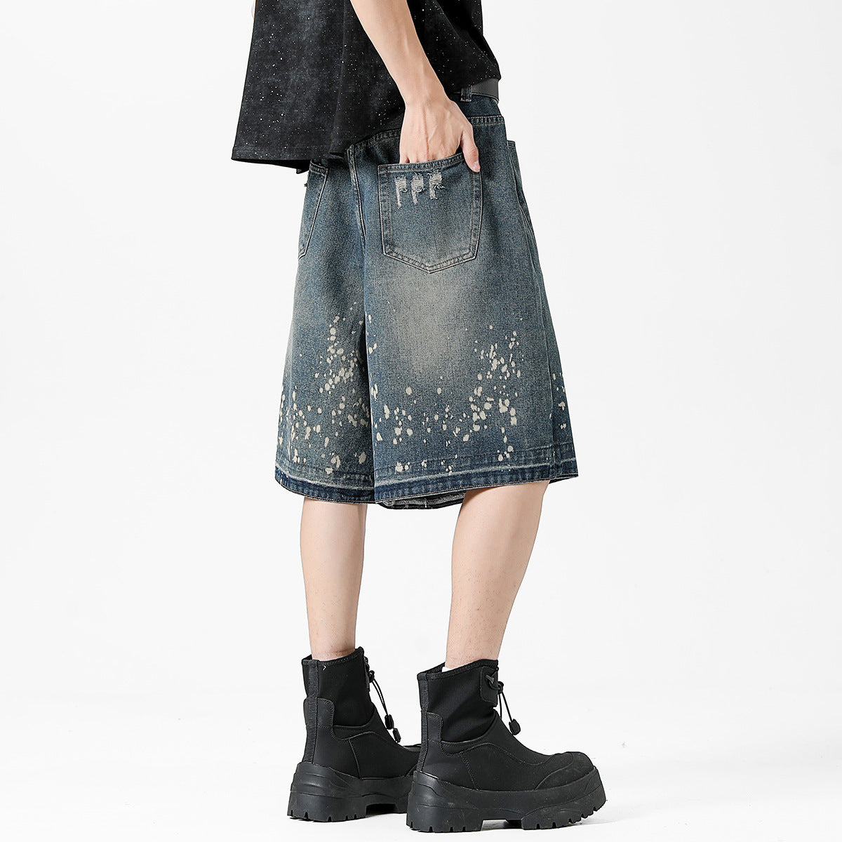 Retro Washed Ripped Splash Ink Five Points Denim Men's Shorts