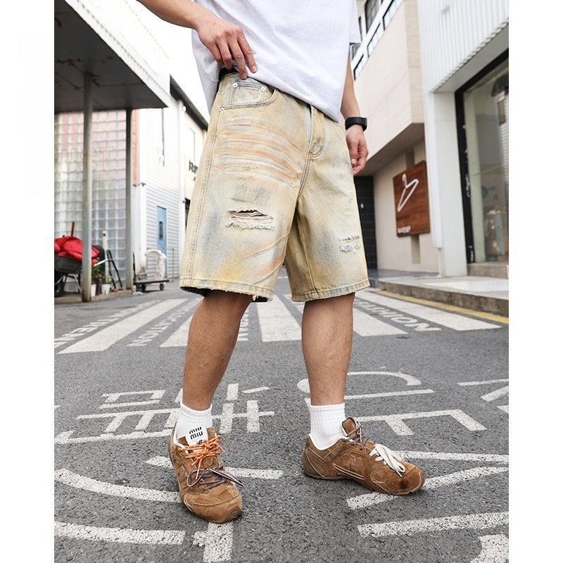 Washed Make Old Ripped Straight-leg Denim Men's Shorts