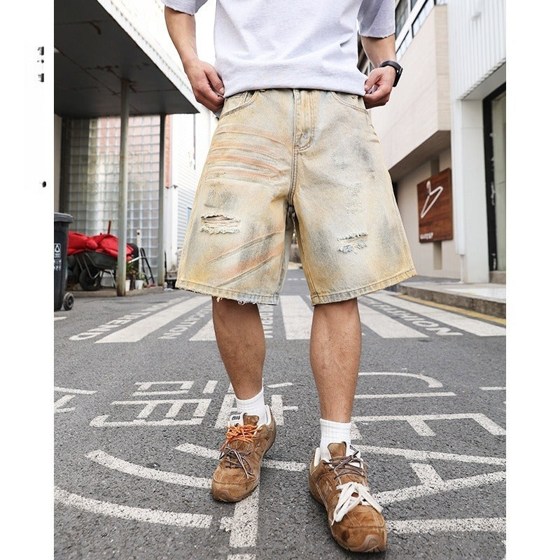 Washed Make Old Ripped Straight-leg Denim Men's Shorts