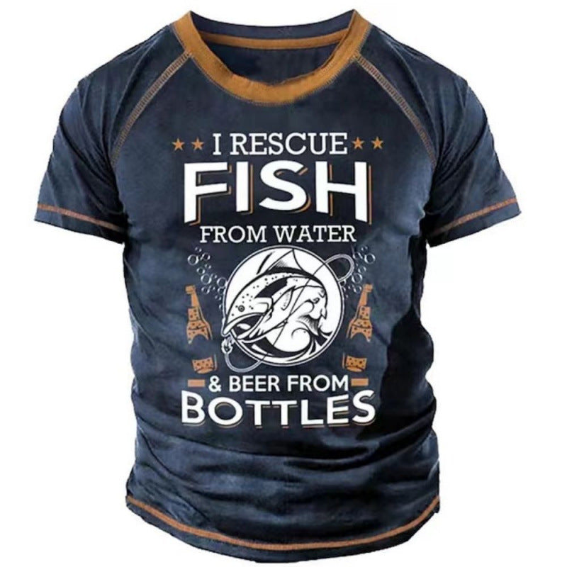 Male Creative Fishing Pattern Printed Short Sleeve