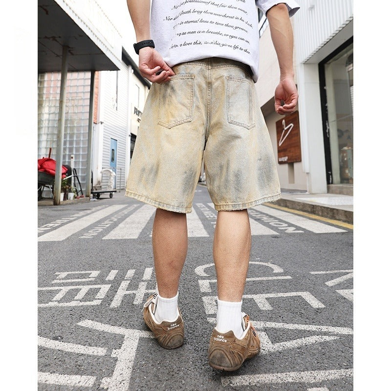 Washed Make Old Ripped Straight-leg Denim Men's Shorts