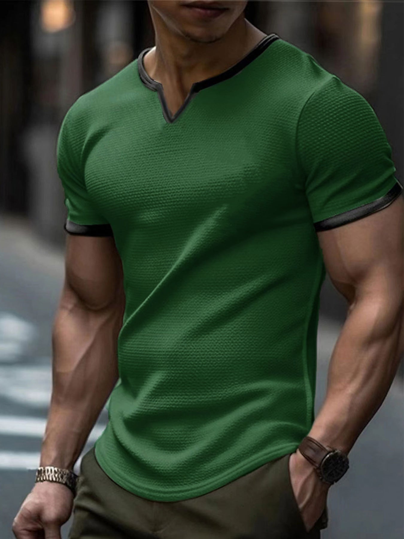 Color-block V Neck Outdoor Sports Waffle T-shirt