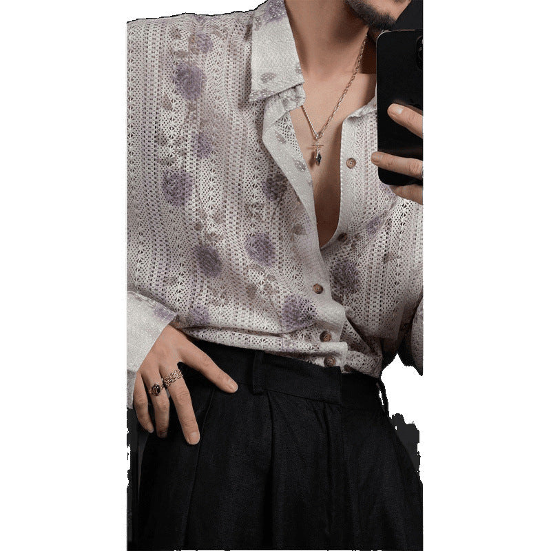 Men's Idle Style Hollow Flower Long Sleeve Shirt