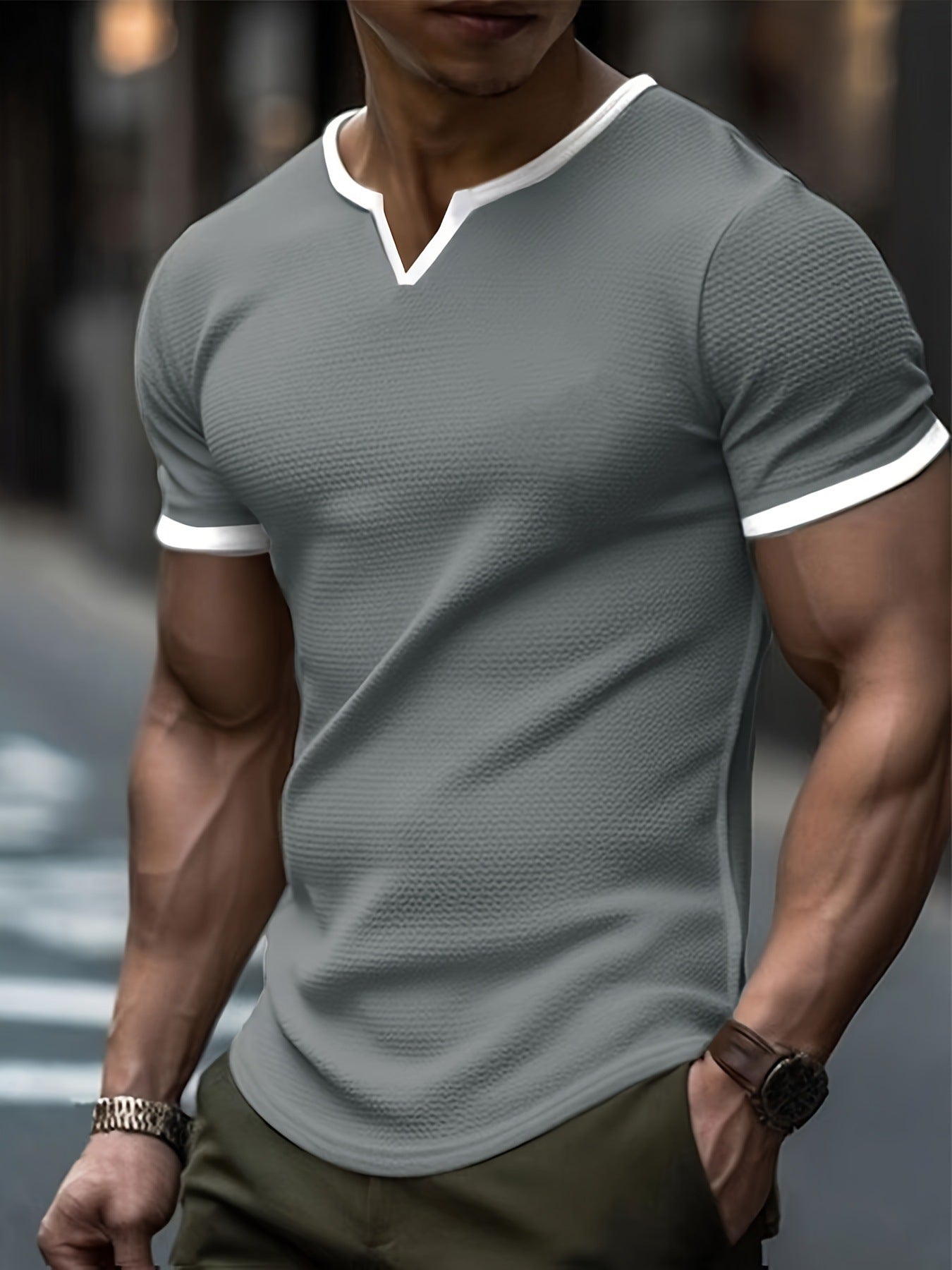 Color-block V Neck Outdoor Sports Waffle T-shirt