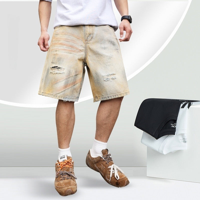 Washed Make Old Ripped Straight-leg Denim Men's Shorts