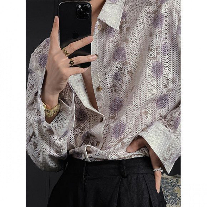 Men's Idle Style Hollow Flower Long Sleeve Shirt