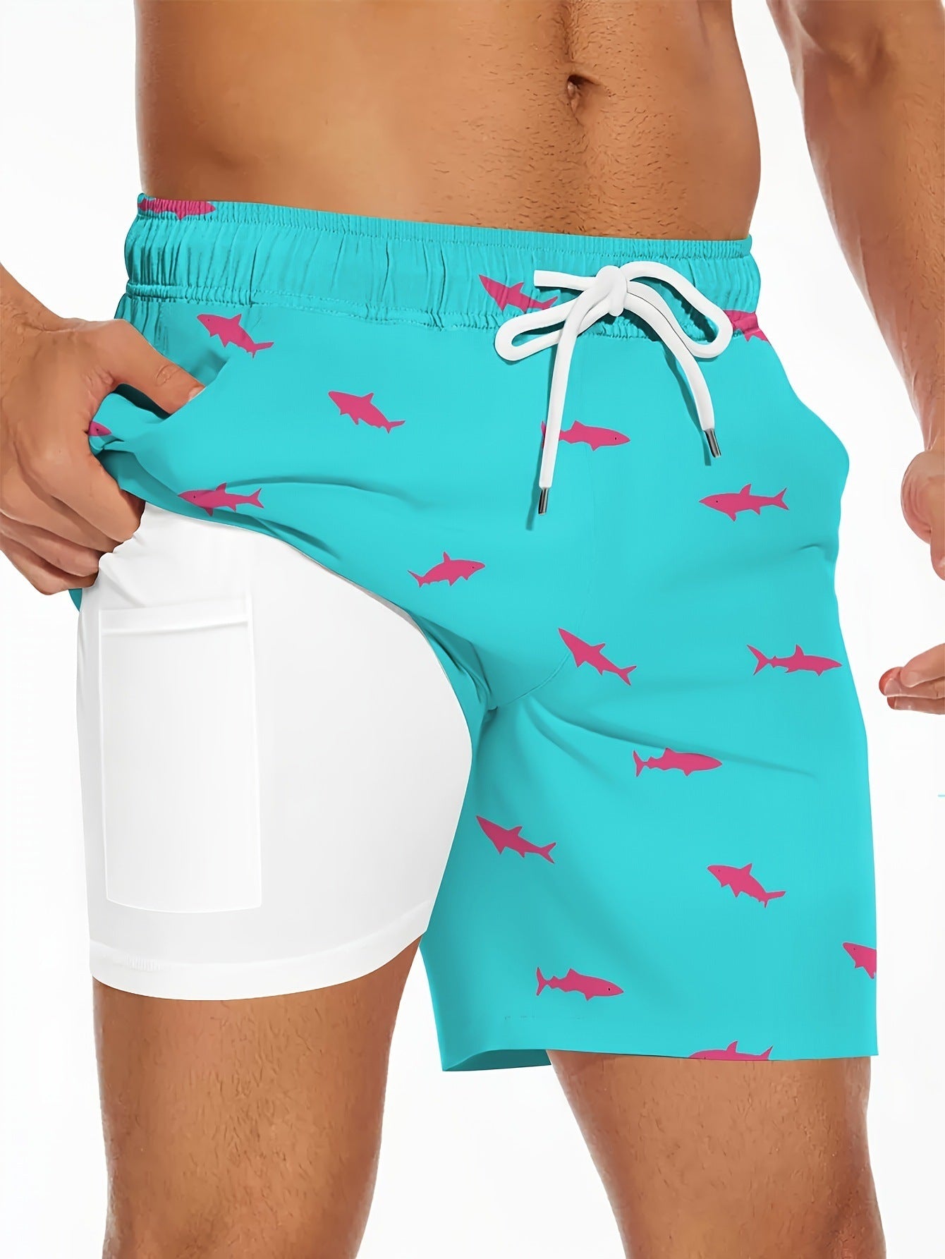 Men's Shark Figure Beach Shorts With Drawstring