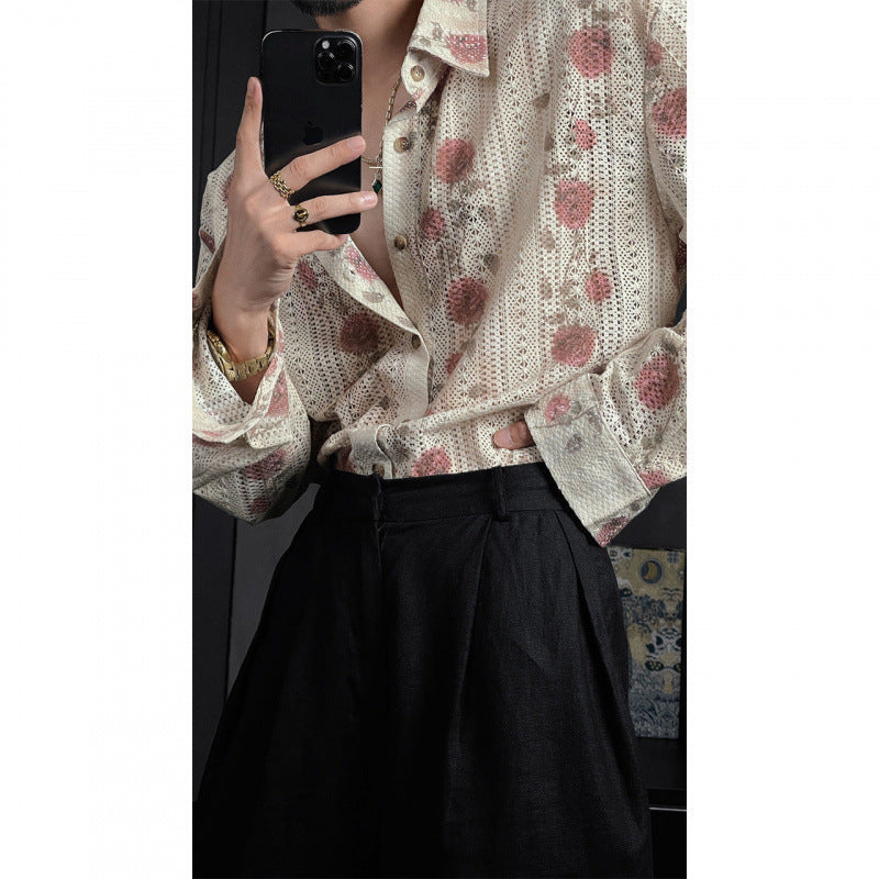 Men's Idle Style Hollow Flower Long Sleeve Shirt