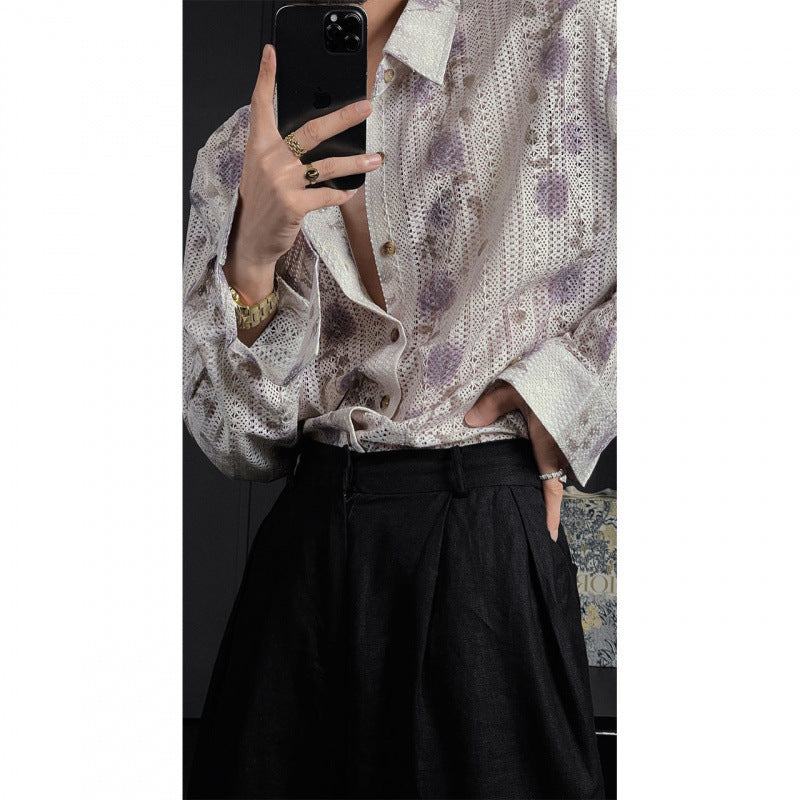 Men's Idle Style Hollow Flower Long Sleeve Shirt