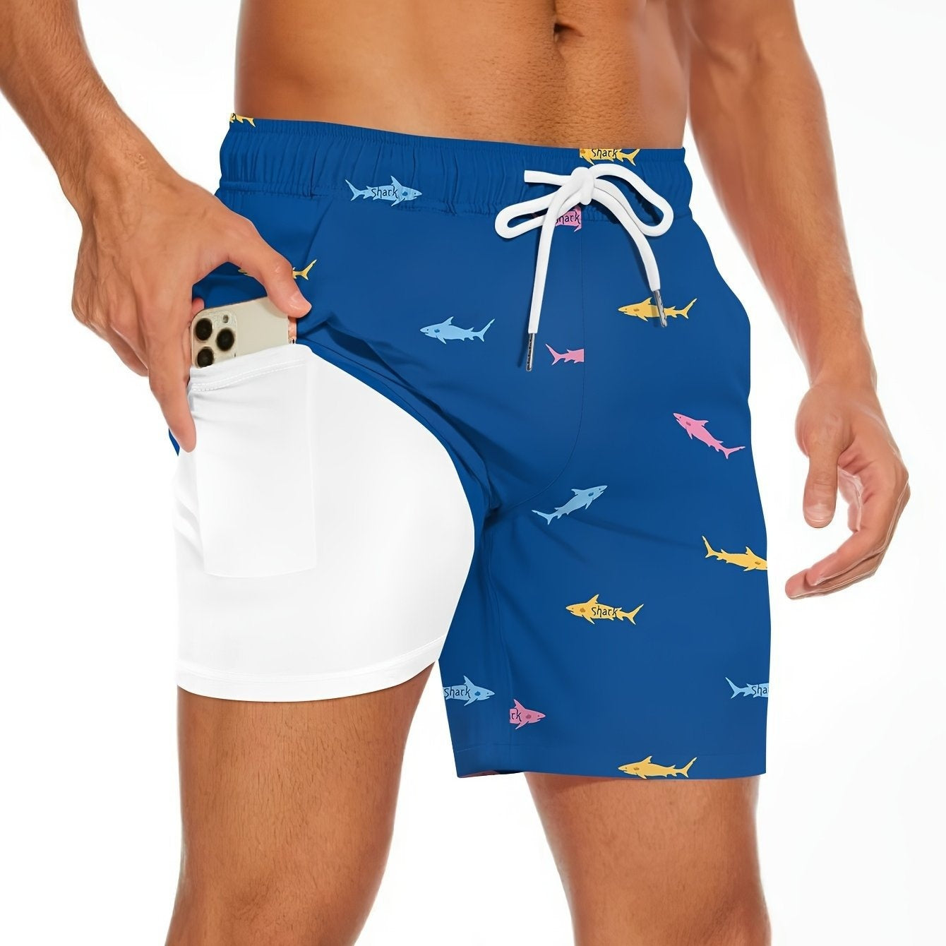 Men's Shark Figure Beach Shorts With Drawstring
