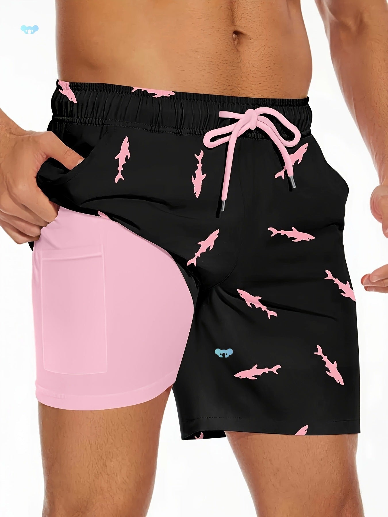 Men's Shark Figure Beach Shorts With Drawstring
