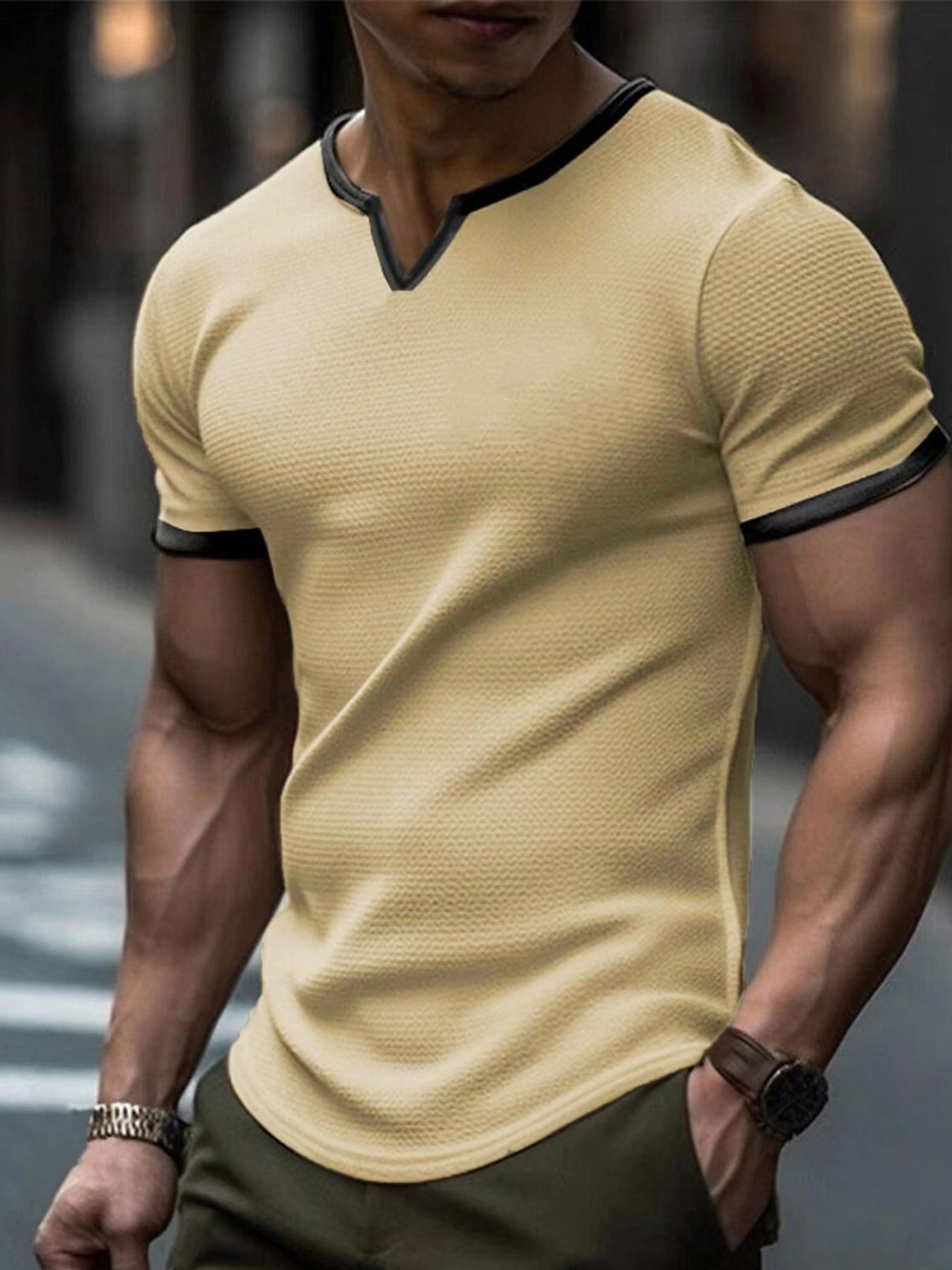 Color-block V Neck Outdoor Sports Waffle T-shirt