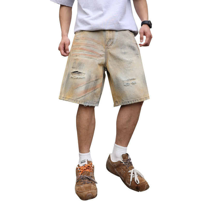 Washed Make Old Ripped Straight-leg Denim Men's Shorts