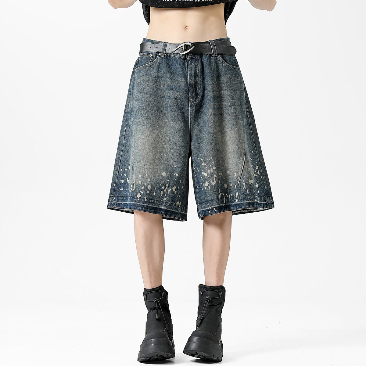Retro Washed Ripped Splash Ink Five Points Denim Men's Shorts