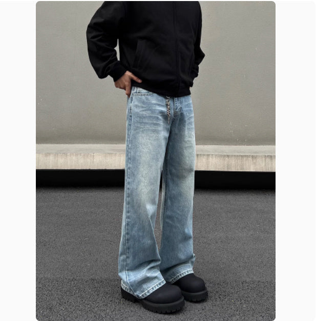Men's Retro Whisker Washed Blue Straight Jeans